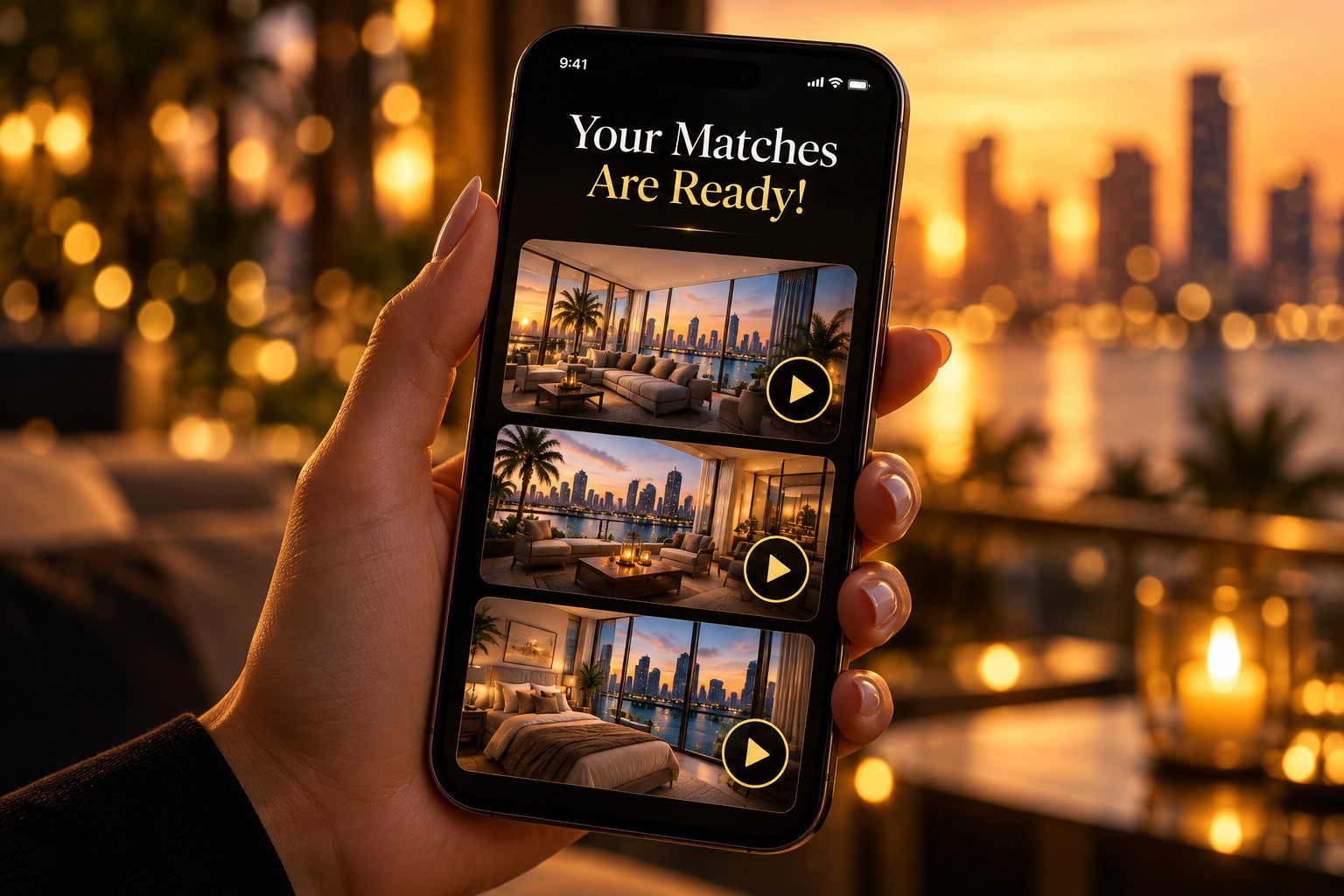 A hand holding a phone showing apartment matches